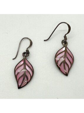 Vintage 925 Sterling Silver Pink Mother Of Pearl Leaf Dangle Earrings 3.85 Grams